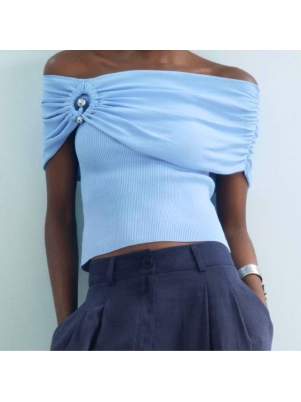 ZARA Off-Shoulder Light Blue Ruched Knit Top